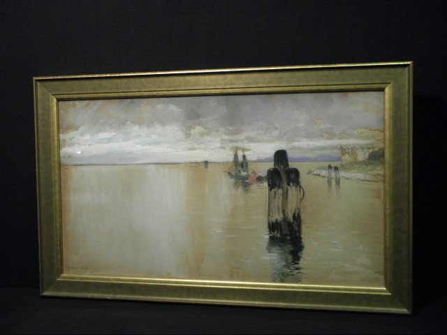 FRANCIS HOPKINSON-SMITH GOUACHE ON PAPER COASTAL: Francis Hopkinson-Smith (American, 1838 - 1915), gouache on paper painting depicting a coastal scene. Signed lower left "F Hopkinson Smith". Framed and under glass in a gold tone frame. Condition: ver