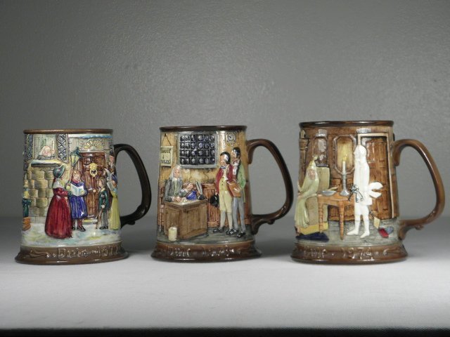 THREE BESWICK HAND PAINTED CERAMIC BEER STEINS: Lot of three limited edition Beswick by Royal Doulton hand painted ceramic beer steins. Each stein is marked on base "Beswick England Collectors International John Beswick Limited Royal Doulton Group 
