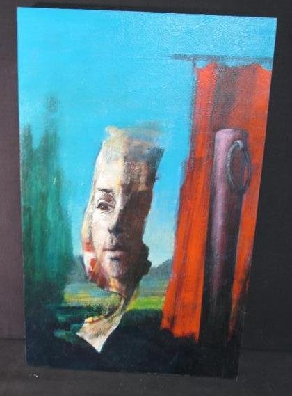HUGE DAVIES PAINTING: FRAGMENT: Acrylic on board contemporary surrealist painting by Huge Davies. Measures 14 3/4" wide by 23" tall and 1" deep. Condition: good. Verso signed, titled, and dated, "Huge Davies", "Fragment" and "2005".
