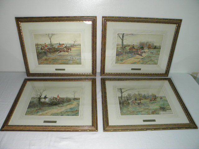 FOUR GEORGE DERVILLE ROWLANDSON HUNT SCENE WATERCOLORS: Four George Derville Rowlandson hunt scene watercolors. All four are framed and matted in matching gold tone and wood finish frames with title plaques in the lower margin. Watercolor titles include "A