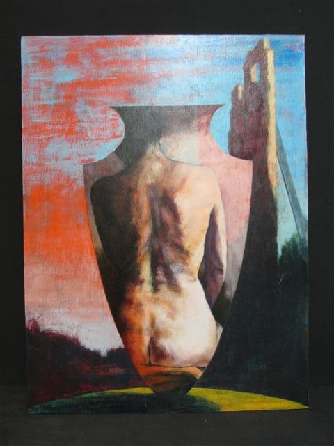 HUGE DAVIES PAINTING: Torso: An acrylic on board contemporary surrealist painting of a nude by Huge Davies. Verso signed, titled and date, "Torso Series" (title illegible) and dated 2004. Measures 33.5" tall by 25.5" wide and 1.5