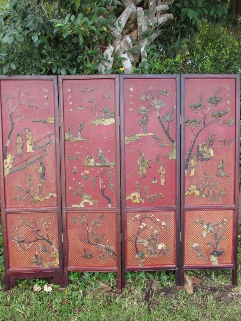CHINESE FAUX HARDSTONE FOUR PANEL DIVIDER SCREEN: Chinese carved faux hardstone four panel divider screen. Painted with landscape scene on verso. Each panel measures 74" tall x 20" wide, for a total width of 80". Total weight: approximately 120 lbs.