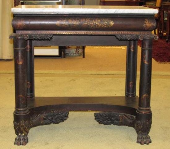 NEW YORK EMPIRE STENCILED MARBLE TOP CONSOLE: New York Empire stenciled console with a white Carara marble top and claw feet. Condition: generally good, minor signs of wear and age to finish and marble top, see images. Measures a total of 35.5" t