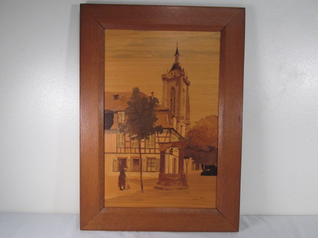 SPINDLER MARQUETRY INLAID WALL PANEL: COLMAR, FRANCE: Marquetry inlaid wood wall panel plaque from the workshop of Jean Charles Spindler. Titled and attributed on verso "Colmar, France 1961, Spindler". Signed lower right "Spindler" as well. Condition: go