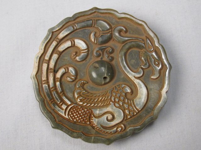 CHINESE HAND CARVED JADE PRAYER MIRROR: VERY OLD CHINESE HAND CARVED DRAGON PHOENIX PRAYER MIRROR - MEASURES 2" DIAMETER