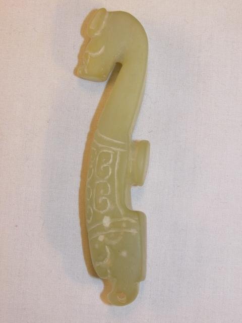 ANTIQUE CHINESE JADE DRAGON HOOK: ANTIQUE CHINESE HAND CARVED CELADON JADE DRAGON BUTTON HOOK - MEASURES 3.5" X 1"