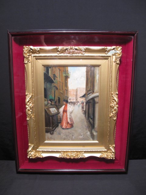 VINCENZO MIGLIARO (1858-1938) OIL PAINTING SIGNED: Vincenzo Migliaro (I858-1938) Neapolitan School oil painting on wood panel. Signed l.l. Painting is of a woman talking to a street vendor in an Italian village. Panel: 10 7/8" x 7 7/8". Shadow boxed w