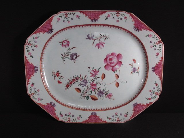 19TH C CHINESE EXPORT FAMILLE ROSE SERVING PLATTER: 19th century Chinese export Famille Rose serving platter with a light celadon tint. Measures approximately 18" long x 14.6" wide. Unmarked on base. Condition: generally good, minor losses to paint and