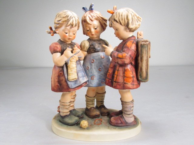 HUMMEL 9.25" PORCELAIN FIGURAL GROUP: "SCHOOL GIRLS": Hummel 9.25" tall German porcelain figural group titled "School Girls", mould #177/III, trdmark 5. Condition: good, see images. Total weight: 2 lbs.