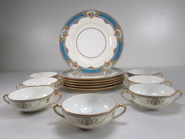 ASSORTED MINTONS PLATES & HAVILAND BOUILLON CUPS: 13: Lot including (6) Mintons 10.25" plates in the "Airedale" pattern, and (7) Haviland & Co 6.25" wide bouillon soup cups. All pieces marked accordingly on base. Condition: good, no chips or cracks, see 