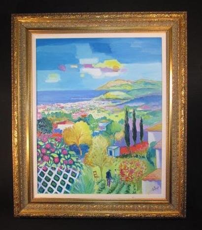 JEAN CLAUDE PICOT OIL ON CANVAS PAINTING:: Jean Claude Picot (French, b. 1933) oil on canvas painting titled on verso "Les Hortensias au Cannet" (Hydrangeas in Cannes). Signed lower right "JC Picot". Also signed on verso "JC Picot". Framed and
