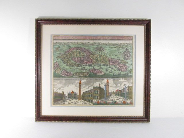 MATTHAUS SEUTTER HAND COLORED ENGRAVING: MAP OF VENICE: Matthaus Seutter hand colored copper engraving showing a map of Venice, circa 1730. General birds' eye view with coat of arms and two main views of the Piazza San Marco and the Piazzetta. Matted and u
