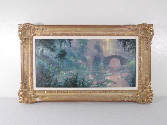 JAMES COLEMAN OIL ON CANVAS PAINTING: James Coleman oil on canvas painting depicting a pond scene with an arched bridge. Signed lower left "James Coleman/John 8:12", and framed in a gold tone frame. Condition: good, minor damage to edge o