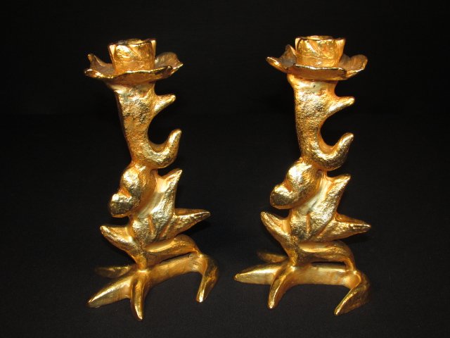 PAIR MATHIAS FONDICA GILT BRONZE CANDLESTICKS: Pair of Mathias Fondica gilt bronze candlesticks. Each piece is stamped on base with what appears to read "L. Mathias". Condition: good, no signs of damage or wear to finish, see images. Each candlest