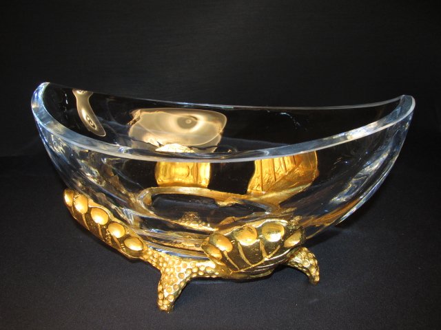 MATHIAS FONDICA GILT BRONZE & GLASS CENTERPIECE BOWL: Large Mathias Fondica gilt bronze and glass centerpiece or jardiniere. Stamped on base "Mathias Paris", "Fondica", and "2001". Condition: good, little to no signs of use, see images. Measures 7.75" ta