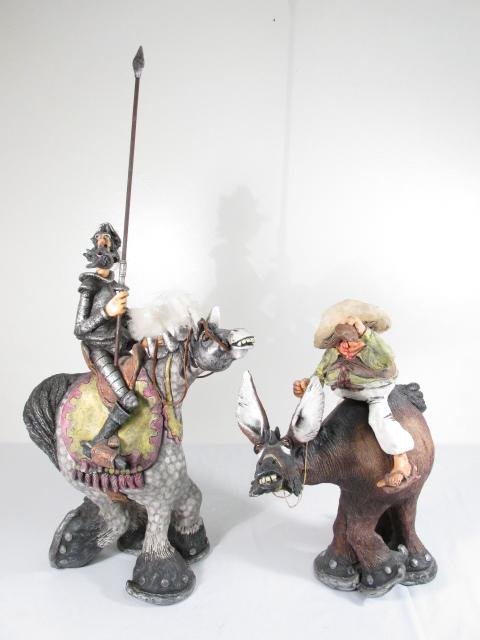 TWO TODD WARNER POLYCHROMED CLAY SCULPTURES: Two Todd Warner painted clay sculptures depicting Don Quixote and Sancho Panza. Don Quixote is signed and numbered on horse's rear right foot "Todd Warner 27/50" and appears to be dated "1994". Sancho