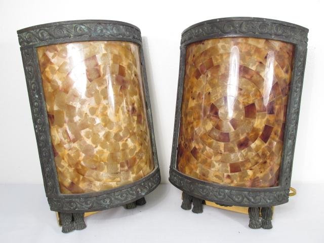 PAIR MAITLAND SMITH FAUX TORTOISE WALL SCONCES: Pair of Maitland Smith faux tortoise and bronze wall sconces, each measuring 12.25" tall x 7.75" wide and 5" deep. Condition: light patina to bronze, may need rewiring, see images. Weight: 18 lbs.