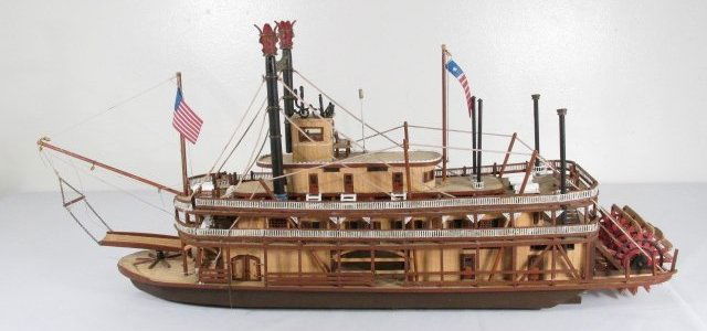VINTAGE 20TH C HANDMADE WOODEN MODEL PADDLE STEAMER: Vintage mid 20th century wooden hand made model paddle steamer or ferry. Intricately pieced together with details such as individual floor planks and moving parts. Condition: glue on a few small parts