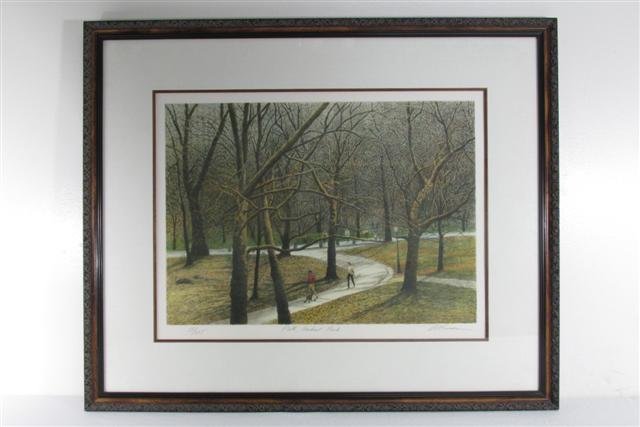 HAROLD ALTMAN LIMITED EDITION LITHOGRAPH: Harold Altman limited edition lithograph. Numbered, titled, and signed in lower margin "57/285, Path, Central Park Altman". Paper is stamped with a seal reading "Mourlot Paris" lower left. Lithograph 