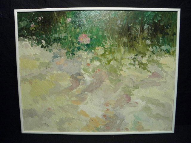 DAVID LAASKO ACRYLIC PAINTING" FLOWERING LANDSCAPE: David Laasko, (b. 2938, American) acrylic painting on canvas, subject: Flowering landscape measures 36" x 45" plus frame which measures .75". Condition: good, see images. Shipping weight 10 lbs.