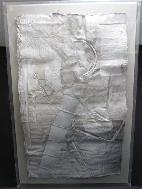 J. MEIMARIS MIXED MEDIA ABSTRACT WALL ART SCULPTURE: Original mixed media abstract wall art or sculpture by J. Meimaris. Titled, signed and dated vertically on right side of work "Overwhelmed by Reality at the Edge of Illusion, '73", signature is illegi