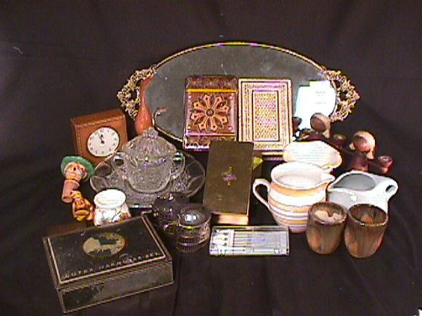 ASSORTED ESTATE BRIC A BRAC GLASS ETC: Variety of items including ornate vanity mirror, Russel Wright pottery pitcher, boxes, figural white metal pin cushion etd. All generally good condition.