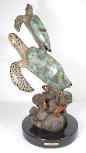 SANDRA KOOP POLYCHROME BRONZE SCULPTURE: "HARMONY": Sandra Koop polychromed bronze sculpture of sea turtles, titled "Harmony". Mounted to spinning black marble base with titled plaque. Signed "S. Koop" and numbered "85/299" near base, along with