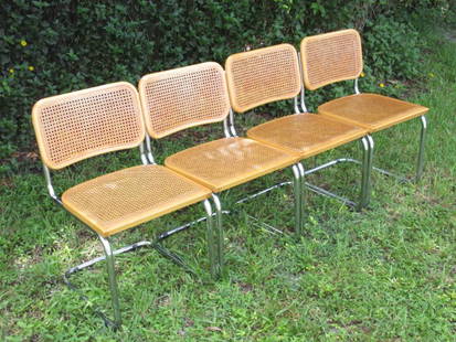 FOUR ITALIAN KNOLL BREUER MID CENTURY CHAIRS: Lot of four Italian Knoll Breuer mid century chairs with woven cane seats and backs. Each one stamped on verso "Made in Italy". Condition: generally good, very minor signs of age as expected, a few