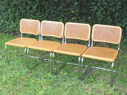 FOUR ITALIAN KNOLL BREUER MID CENTURY CHAIRS: Lot of four Italian Knoll Breuer mid century chairs with woven cane seats and backs. Each one stamped on verso "Made in Italy". Condition: generally good, very minor signs of age as expected, a few