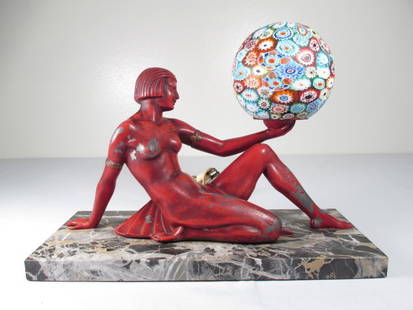 VINTAGE ART DECO WHITE METAL FIGURAL TABLE LAMP: Vintage Art Deco figural white metal table lamp. Red painted figure holding a Murano style millefiori glass globe, all mounted to a variegated marble plinth base. Condition: paint loss to figure,