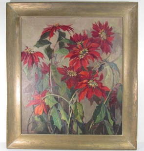 NELL WALKER WARNER OIL ON CANVAS PAINTING: POINSETTIA: Nell Walker Warner oil on canvas painting. Subject: Poinsettia still life. Framed in a weathered wood frame, and signed "Nell Walker Warner" lower left. Condition: minor wear to frame as expected,