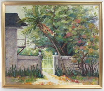 OIL ON CANVAS PAINTING SIGNED "B. JEFFERSON": Oil on canvas painting, depicting a tropical outdoor scene. Signed lower right "B. Jefferson". Framed in a gold tone frame. Condition: good, see images. Measures a total of 30" tall x 35" wide.