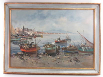 CONTINENTAL MARITIME HARBOR OIL ON CANVAS PAINTING: Continental Maritime oil on canvas harbor scene painting. Signed illegibly lower right, and framed in an aquamarine and gold tone frame. Condition: good, no damage to canvas or paints, usual signs of