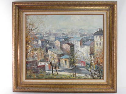 LUCIEN DELARUE OIL ON CANVAS PAINTING: PARIS: Lucien Delarue oil on canvas painting, titled on verso "Paris". Signed lower right "Delarue", and framed in a decorative gold tone frame. Certificate of authenticity from Merrill Chase affixed verso.