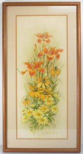 ROBERT LAESSIG LARGE WATER COLOR GOUACHE: DAISIES &: Framed, signed Robert Laessig watercolor gouache of daisies and lilies. The image is 10.75" x 27" in a 17.5" x 33.5" frame. Condition: The art piece is loose in the frame, see images. Shipping