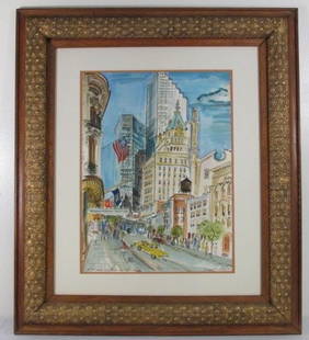 DOREAN DINOVO MIXED MEDIA ON PAPER: "57TH STREET NEW: Dorean DiNovo mixed media painting on paper. Mostly watercolor, titled lower left "57th street New York". Signed and dated lower right "Dorean DiNovo 85". Condition: good, minor signs of age and wear