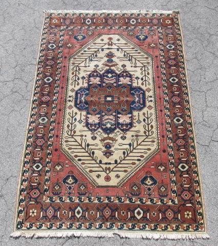 PERSIAN HAND KNOTTED WOOL AREA RUG 9 X 5'10": Persian Hand Knotted Wool Area Rug, Mid-20th Century. Measurements: 9' x 5' 10". Condition: Good, Light wear to pile as to be expected, some minor discoloration to pattern, see images. Shipping weight