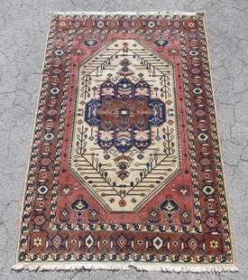 PERSIAN HAND KNOTTED WOOL AREA RUG 9 X 5'10": Persian Hand Knotted Wool Area Rug, Mid-20th Century. Measurements: 9' x 5' 10". Condition: Good, Light wear to pile as to be expected, some minor discoloration to pattern, see images. Shipping