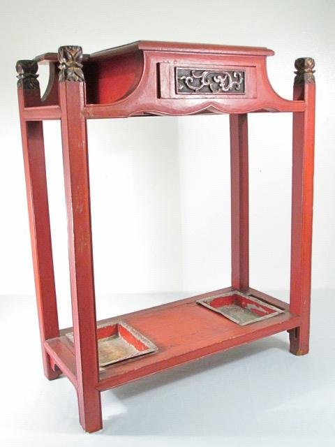 EARLY 20TH C CHINESE RED LACQUER UMBRELLA OR HALL RACK: Early 20th or late 19th century Chinese red lacquer umbrella rack or hall stand. Lotus form finials, a single drawer at the front, and two tin drip inserts near the base for umbrellas. Condition: miss