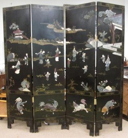 LATE 19TH CENTURY CHINESE SOFTSTONE INLAID SCREEN: Late 19th century Chinese four panel black lacquer divider screen. Screen has been split into two 2 piece hinged sections. Inlaid with softstone and other natural materials. Each panel signed on the h