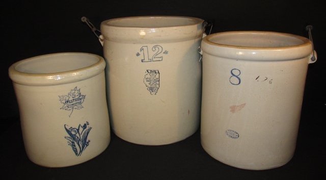 3 ANTIQUE STONEWARE CROCKS:REDWING, WHITEHALL, WESTERN: Three antique stoneware crocks: (1) 16" tall -REDWING #8, Redwing Potteries, Redwing, Minn., with wood & wire handles. (1) 18" tall - WHITEHALL, #12, WH, S.P.&S.CO. White Hall, Ill. with wood & wire h