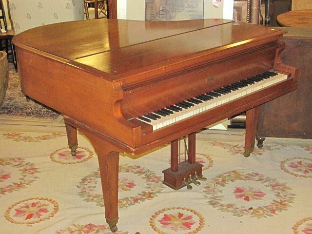 KNABE BABY GRAND PIANO: A Knabe baby grand piano. Measurements: 4'9" long x 4'10" wide x 3'4" tall. Condition: good, some minor wear to finish, no bench, brackets on foot pedals need securing, see images. Shipping weight is 