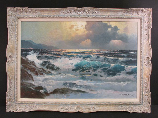 ALEXANDER A. DZIGURSKI OIL ON CANVAS PAINTING: SEASCAPE: Alexander Dzigurski oil on canvas painting. Subject: Sunset seascape with waves breaking on rocks. Signed "A. Dzigurski" lower right. Framed and matted in a custom multi tone frame. Canvas also signed