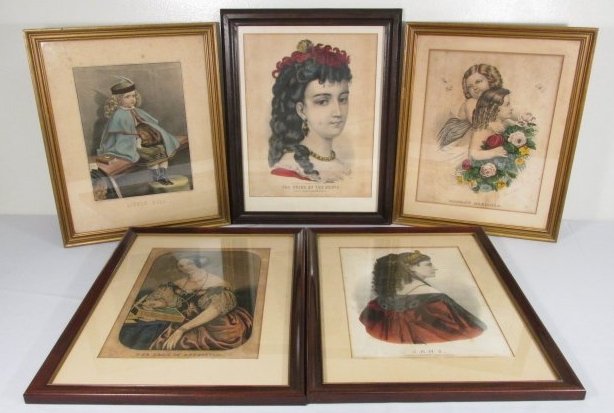 FIVE ASSORTED FRAMED CURRIER & IVES LITHOGRAPHS: Lot of five assorted framed Currier & Ives hand colored lithographs. Includes "The Seal of Affection", "Jane", "The Pride of the South", "Mama's Darlings", and "Little Ella". Each framed, matted, and 