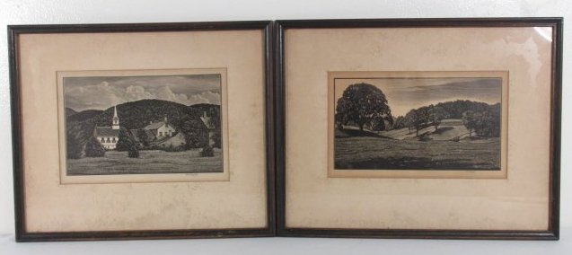 TWO ASA CHEFFETZ FRAMED WOOD BLOCK PRINTS: Two Asa Cheffetz framed woodblock prints. Includes "The Village Church", and "Country Scene". Both hand signed lower right margin. Condition: minor discoloration to matting, wear to frames, see images