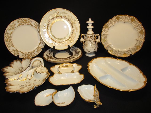 GROUP OF GOLD RIM PORCELAIN: MINTON, BELLEEK, KPM &: A varied group of gold rimmed antique gold rimmed porcelain from various makers including, but not limited to: Minton, KPM, Belleek, Hutschenreuther, Alka, and other un-marked antique pieces. Conditio