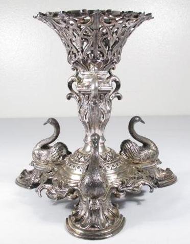 PADLEY PARKIN & STANIFORTH SILVER PLATED COMPOTE BASE: Padley, Parkin & Staniforth Victorian heavy silver plated compote base mounted with swans over shell form feet. Marked on base with "PP&S" maker's mark.Condition: base only, does not include crystal i