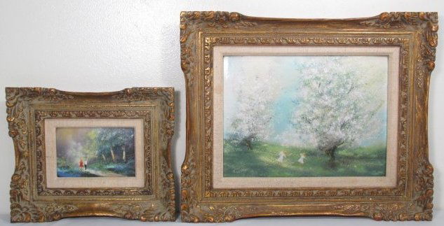 TWO MAX KARP ENAMEL ON COPPER PAINTINGS ETCHED: A pair of Max Karp enamel on copper paintings with etched signatures. Smaller painting shows man and woman in wooded scene 6" x 4" enamel in 11.25" x 9.25" wood frame. Larger painting is of a field wi