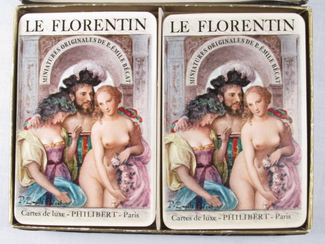 DOUBLE DECK OF VINTAGE PHILIBERT "LE FLORENTIN" CARDS: Double deck of vintage Philibert "Le Florentin" erotic playing cards. Each with miniature scenes by artist P. Emile Becat. Each deck includes title card and limited edition number card on back of deck
