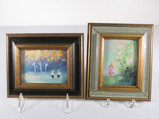 TWO EARLY MAX KARP ENAMEL ON COPPER PAINTINGS SIGNED: Two early Max Karp enamel on copper paintings with a etched signature on each. These two bright pieces are both 4" x 3" enamel paintings in 6.5" x 5.25" wood frames. Condition is good, see images. Shi